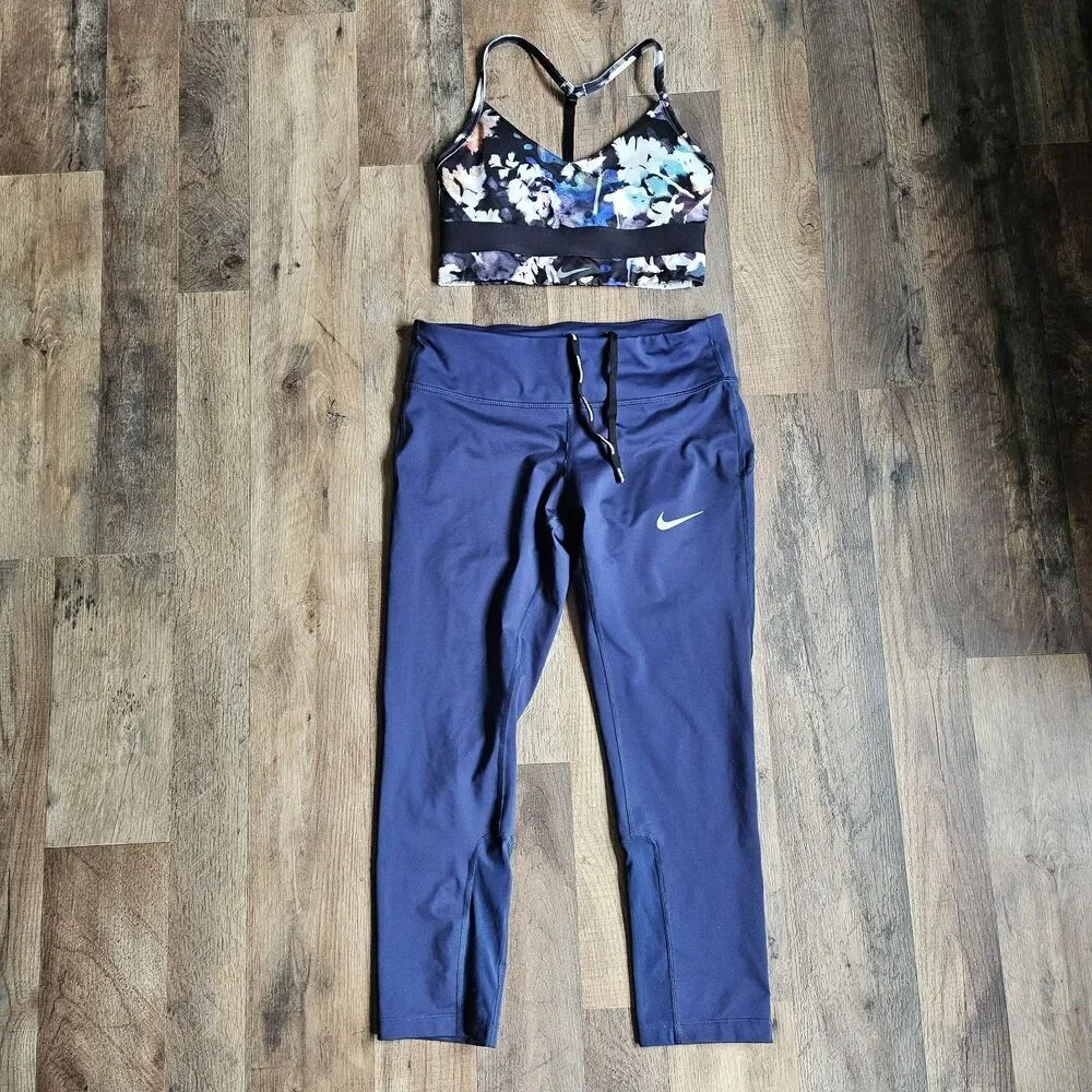 Nike Dri-Fit Set Floral Indy Sports Bra Dark Blue Running Crop Leggings Small